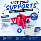 Test Your Supports infographic showing a 3D printed STL support test model and support settings