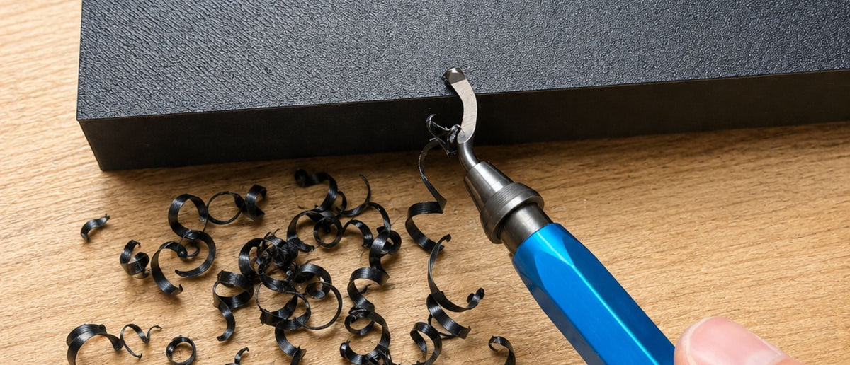 Blue-handled deburring tool trimming the edge of a black part, with curled shavings on a wooden workbench